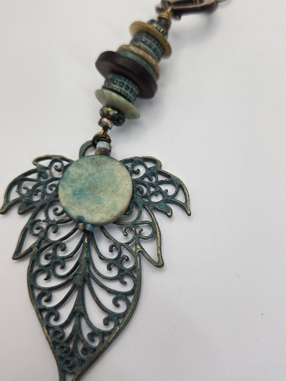 Large Leaf Necklace Shades Of Green Glass & Wood Beads Long Artisan Made - Picture 2 of 7